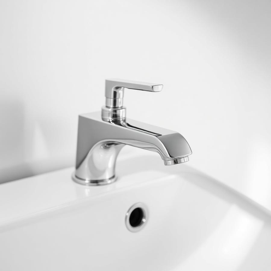 Chrome basin mixer tap on a white ceramic washbasin