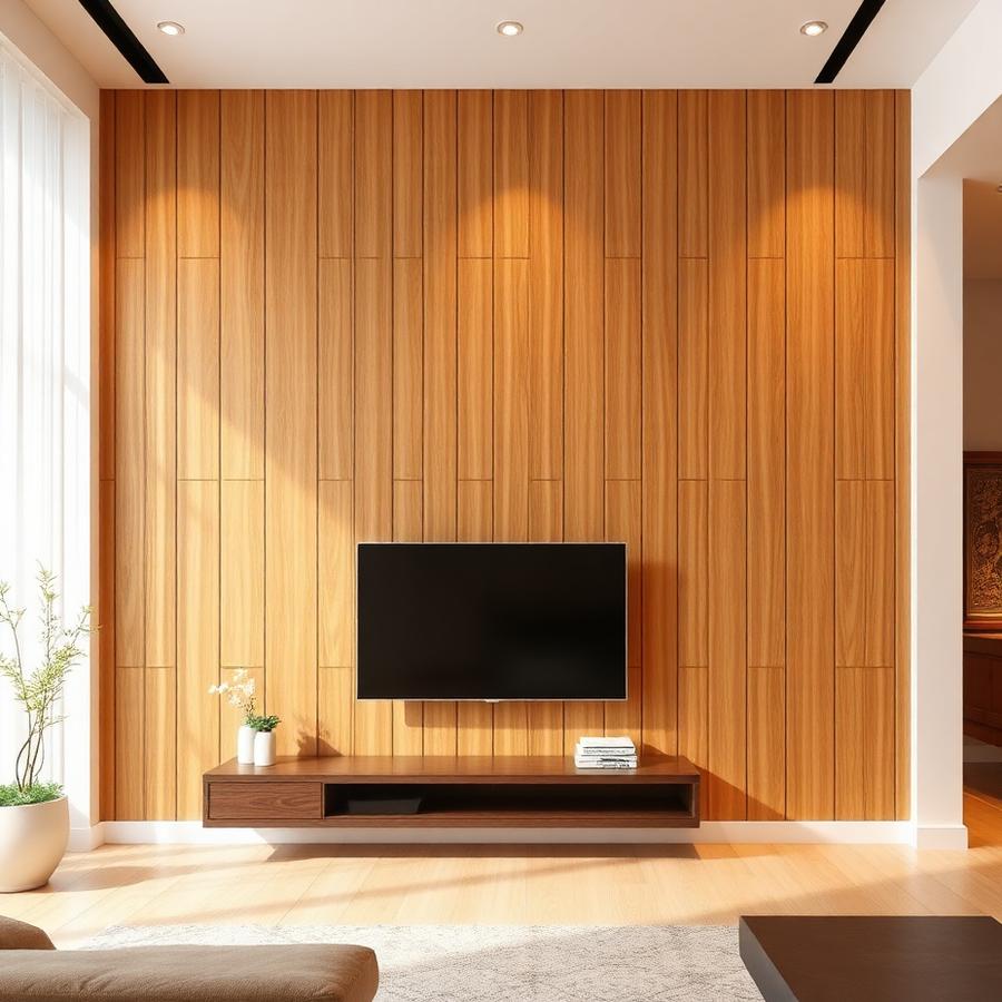 Warm wood-finish decorative wall panels on a feature wall