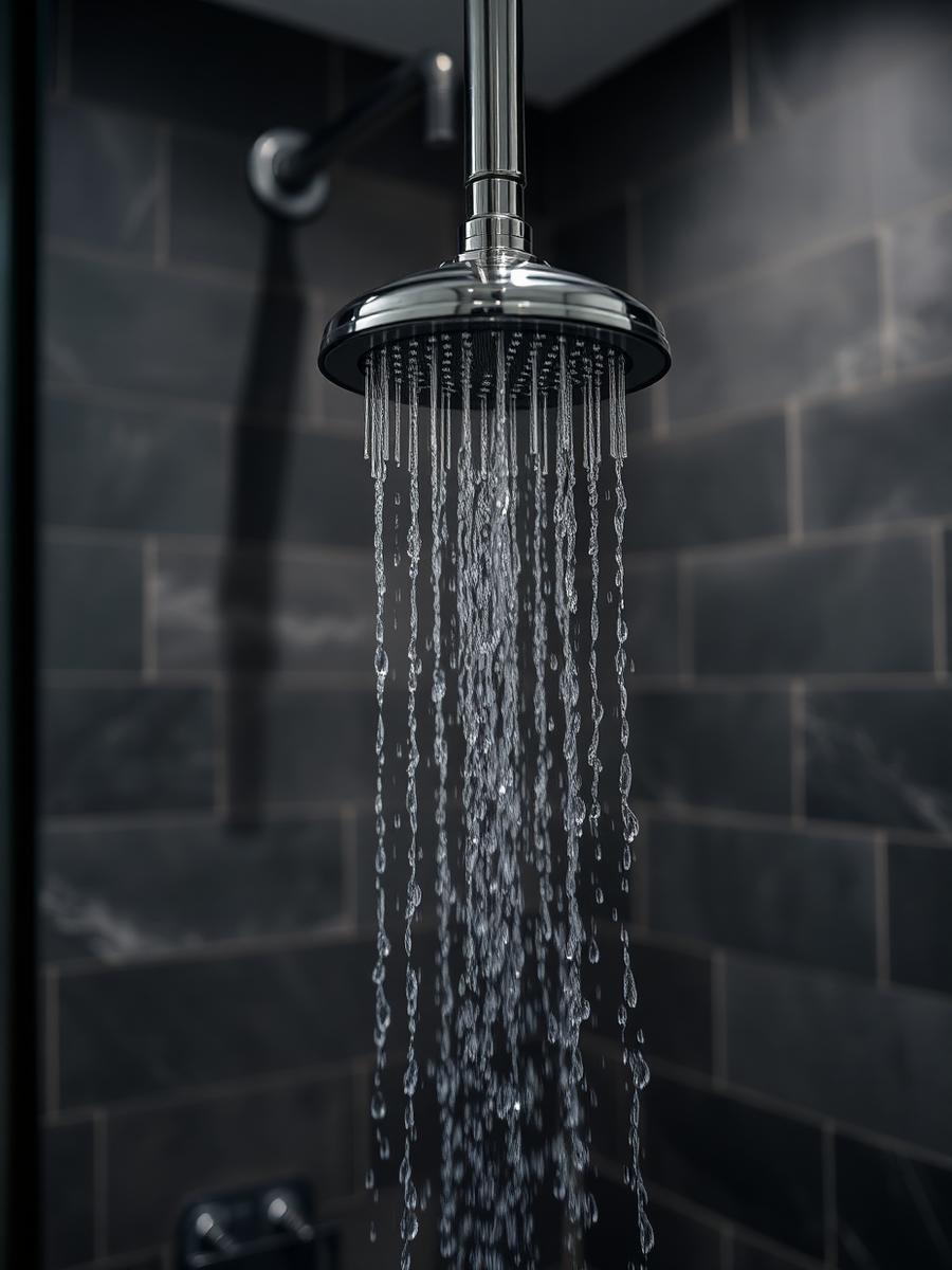 Rain shower head with running water in a dark tiled shower