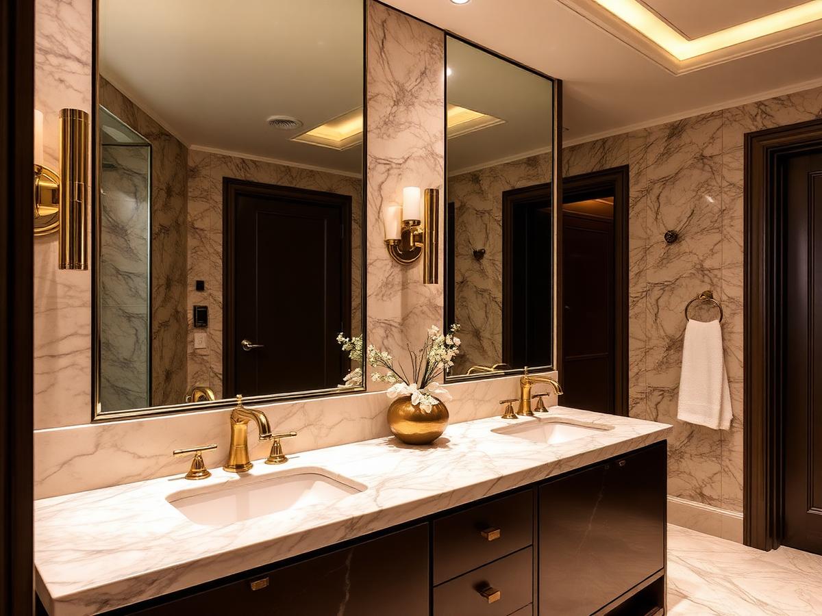 Marble vanity with twin basins and brass fittings