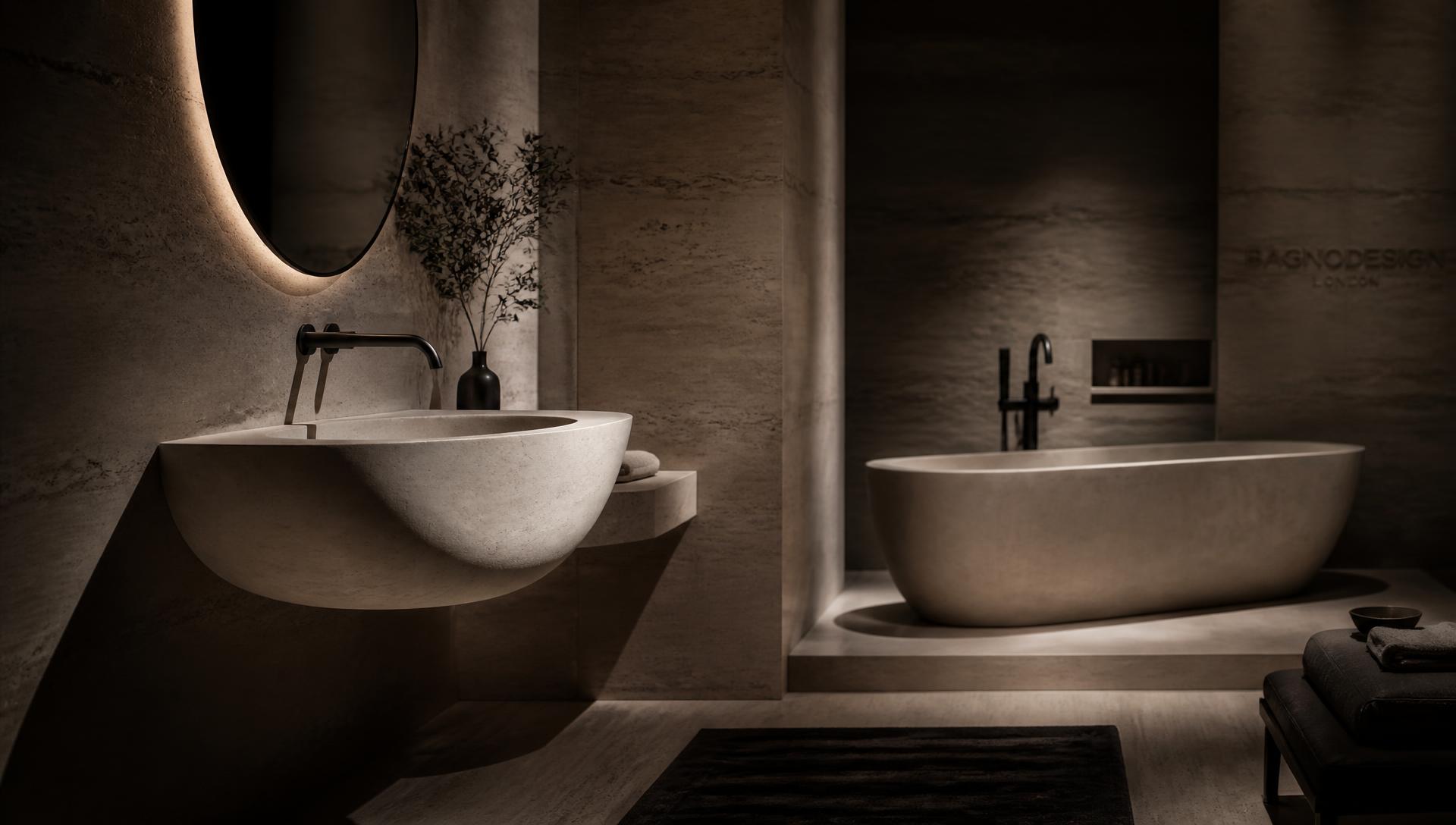 Luxury showroom bathroom with a stone basin, freestanding bath and warm dramatic lighting