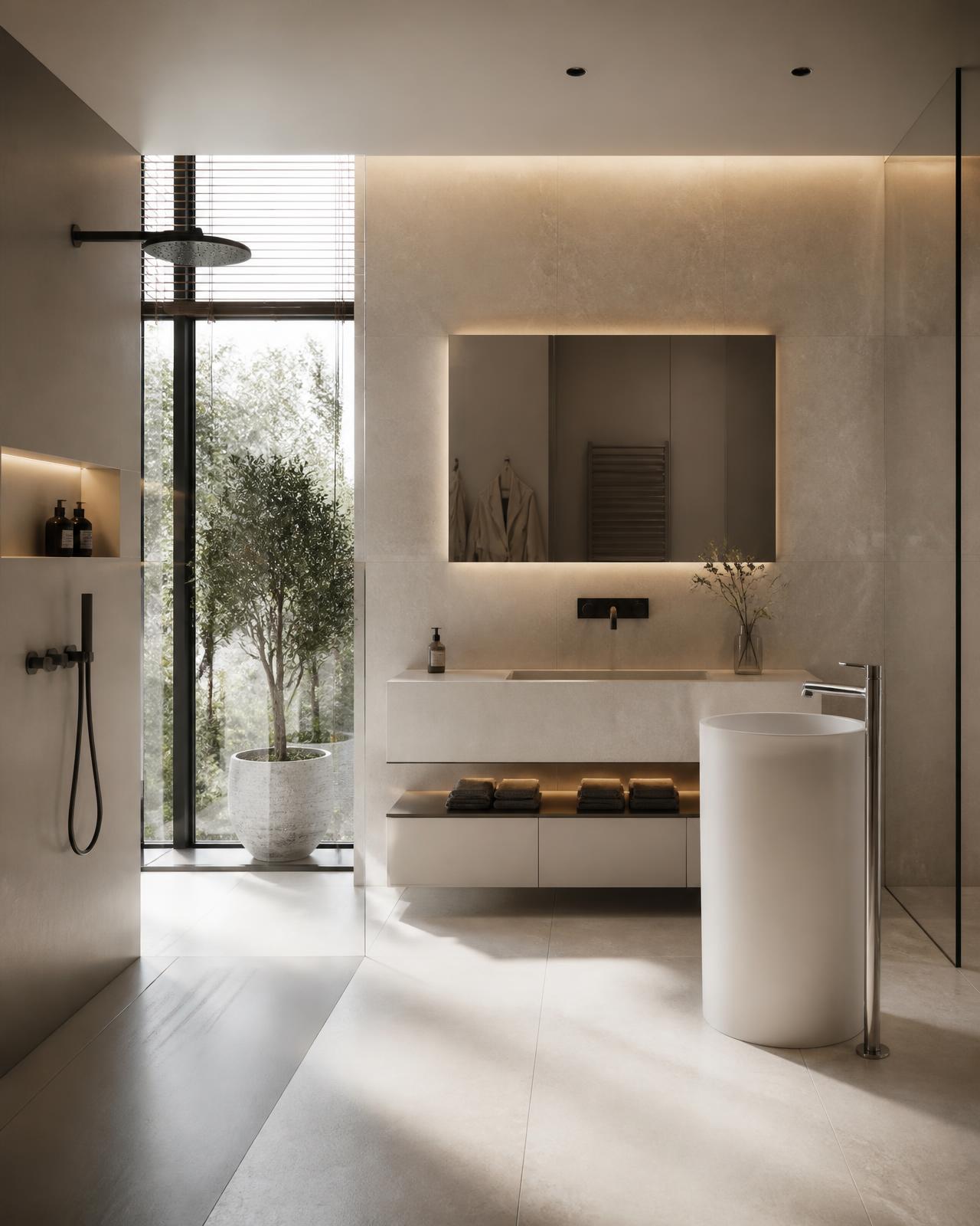 Stone-finish bathroom with wall-hung vanity and freestanding basin